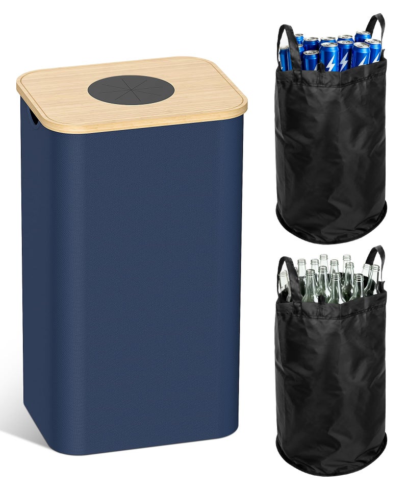 Magicheap Recycling Bins for Kitchen, 26 Gallon (100L) Recycle Bin with Bamboo lid, Indoor Oxford Fabric Recycling Trash Can with 2pcs Removeable and Reusable Inner Bags for Bottle Can Glass Plastice, Blue - Image 1