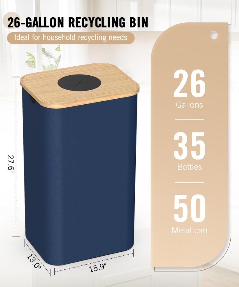 Magicheap Recycling Bins for Kitchen, 26 Gallon (100L) Recycle Bin with Bamboo lid, Indoor Oxford Fabric Recycling Trash Can with 2pcs Removeable and Reusable Inner Bags for Bottle Can Glass Plastice, Blue - Image 4