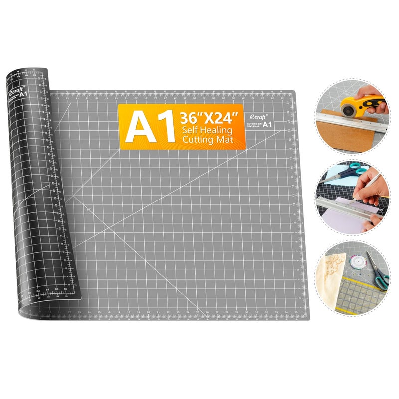 Ecraft Large Self Healing Cutting Mat: 24" x 36" Double Sided 5-Ply Hobby Mat, A1 Rotary Cutting Sewing Mat for Crafts, Fabric,Sewing,Quilting,Scrapbooking,Projects,Grey/Black - Image 1