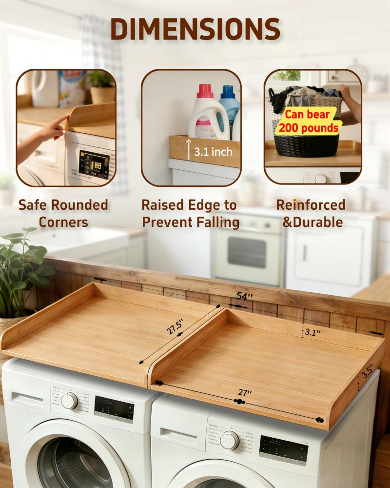 UTCG Washer Dryer Countertop Wooden: Washer and Dryer Shelf Top Cover 27.5x54 Inch No-Installation Countertop Set of 2 - Generation Farmhouse Homeowners & Laundry Room Organization - Bamboo - Image 3
