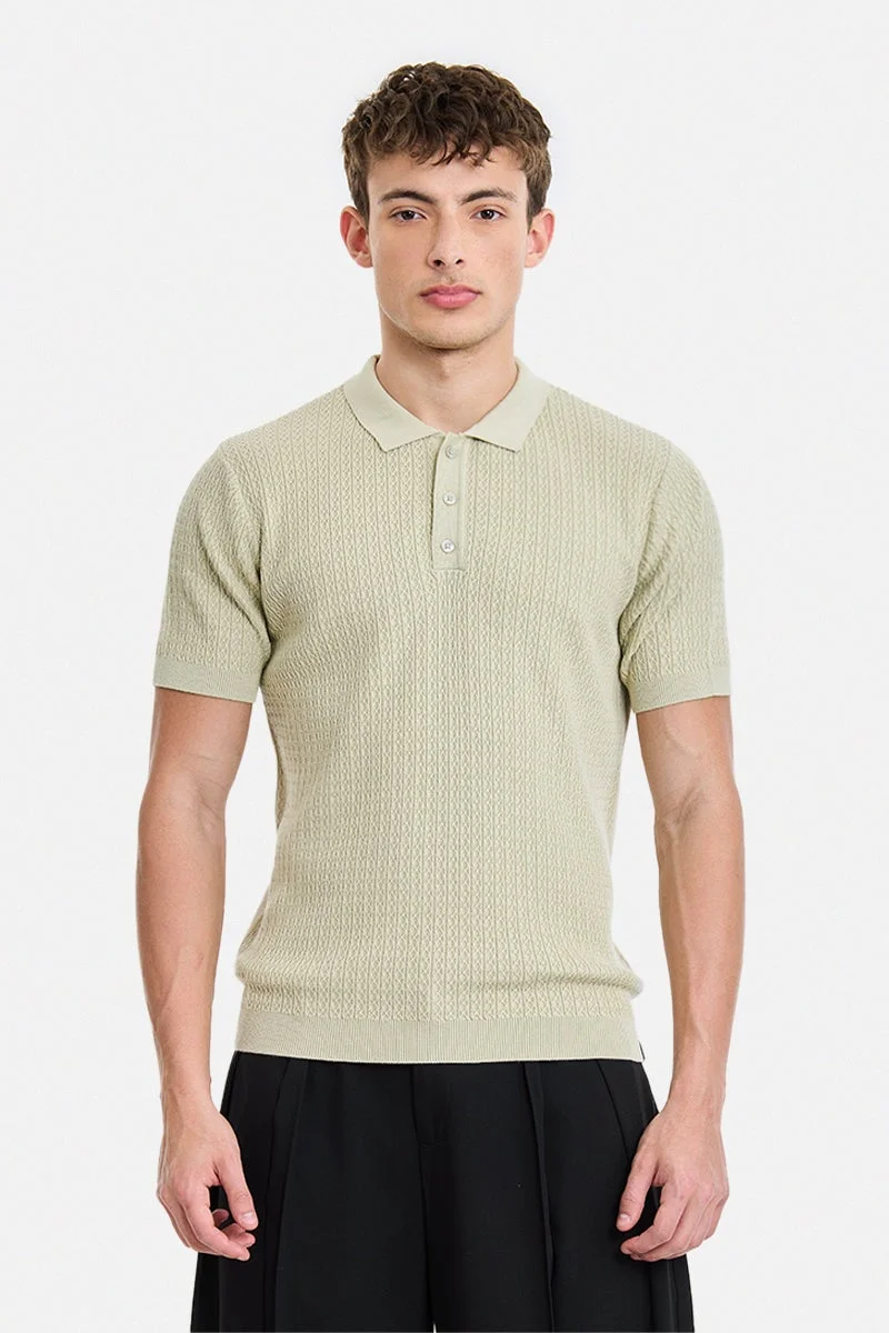 سنيتش Sage Green Textured Half Sleeve Regular Fit T-Shirt