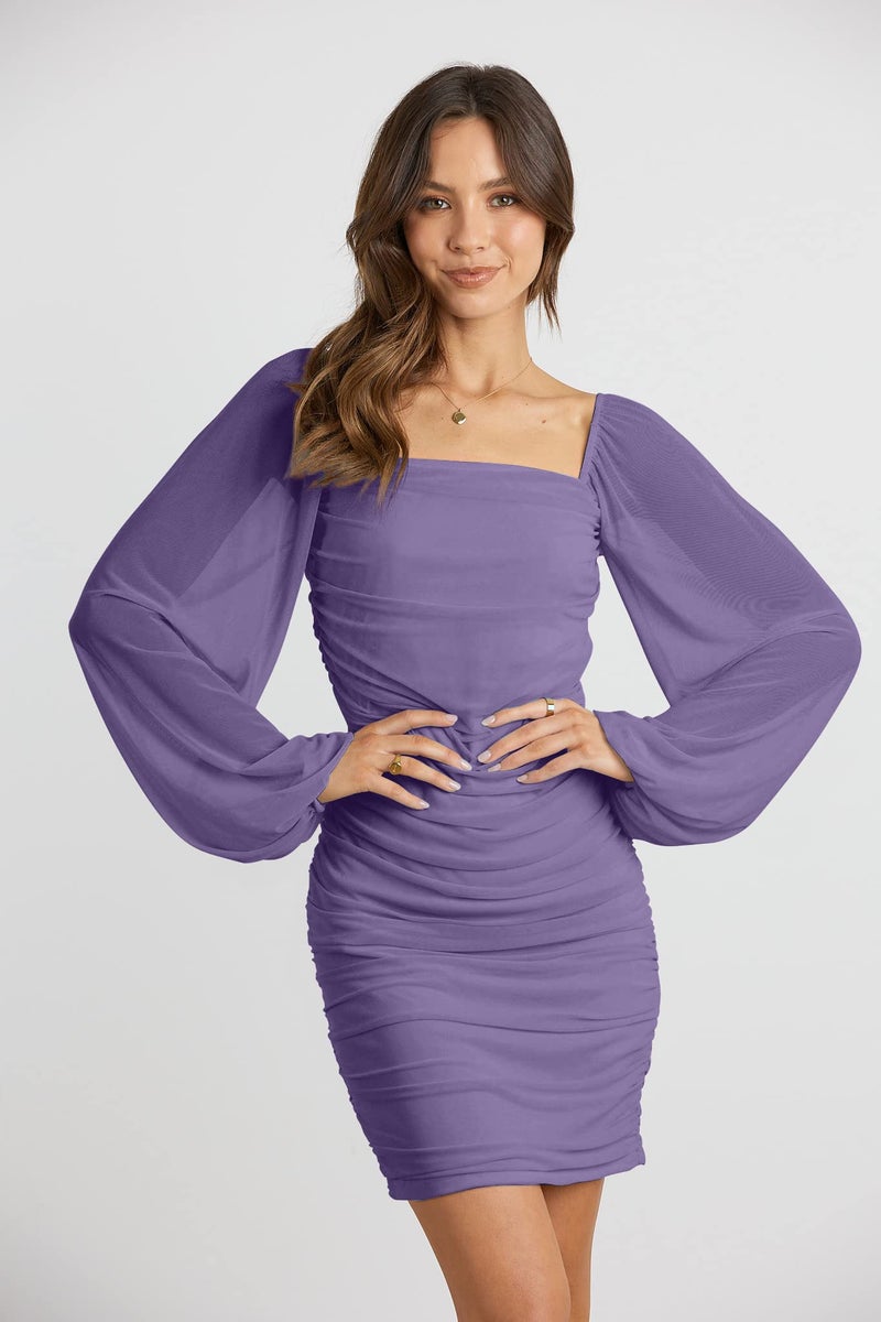 MASCOMODA Women Elegant Square Neck Lantern Long Sleeve Mini Ruched Bodycon Dress Stretch Mesh Slim Party Cocktail Dresses(Small,Grey Purple) - Image 2