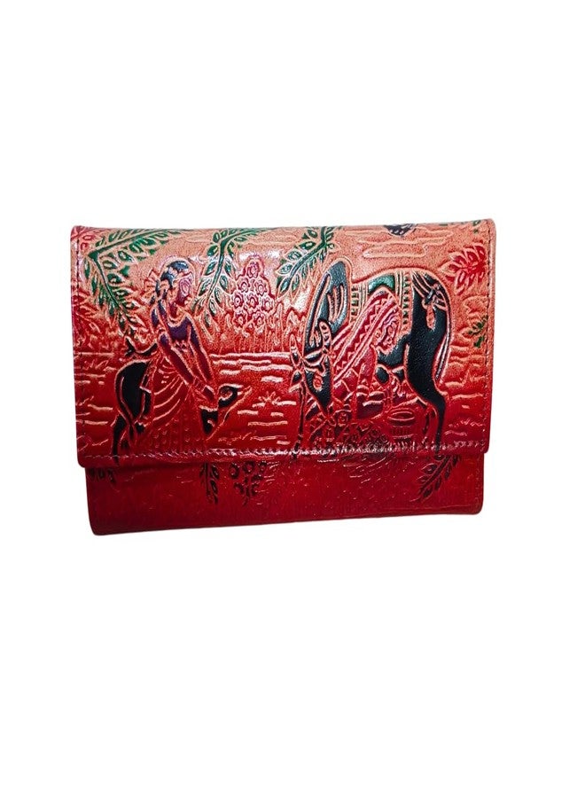 Chitrahar Genuine Shantiniketan Leather Traditional Mythological Figure Design Card Holder Wallet for Women (Brown_Jashoda) - Image 1