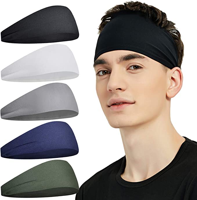 BISMAADH Polyester Sports Headband Athletic Mens Sweatband Head Band For Men,Unisex Stretchy Moisture Wicking Hairband For Gym,Running,,Yoga,Basketball,Football(Black,Green,Blue,White,Light Grey) - Image 1