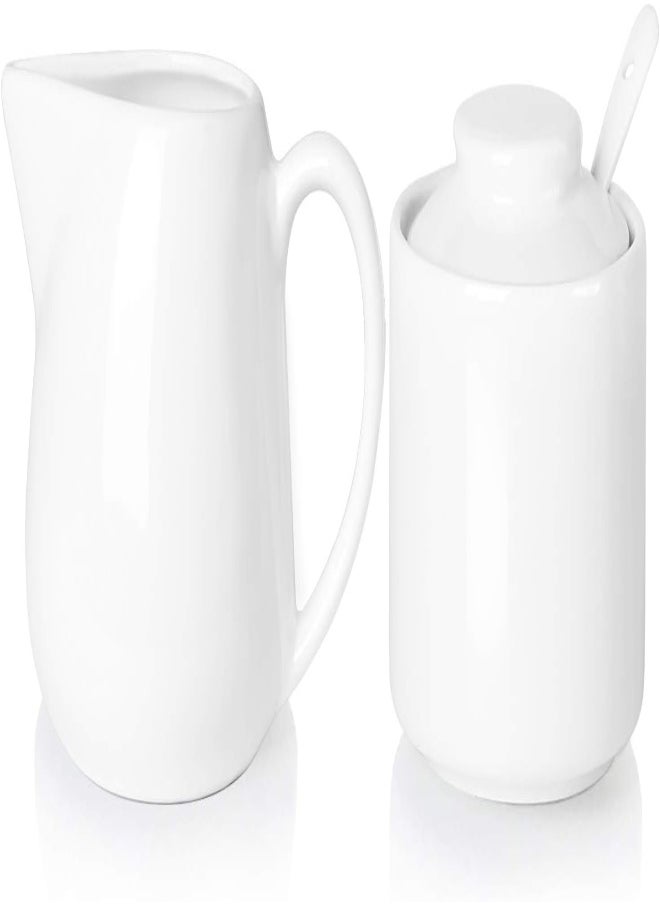 AKDC Ontube Porcelain Sugar And Creamer Set Of 3,Cream Pitcher, Spoon, Sugar Bowl With Lid,Cream (White)  - Image 2