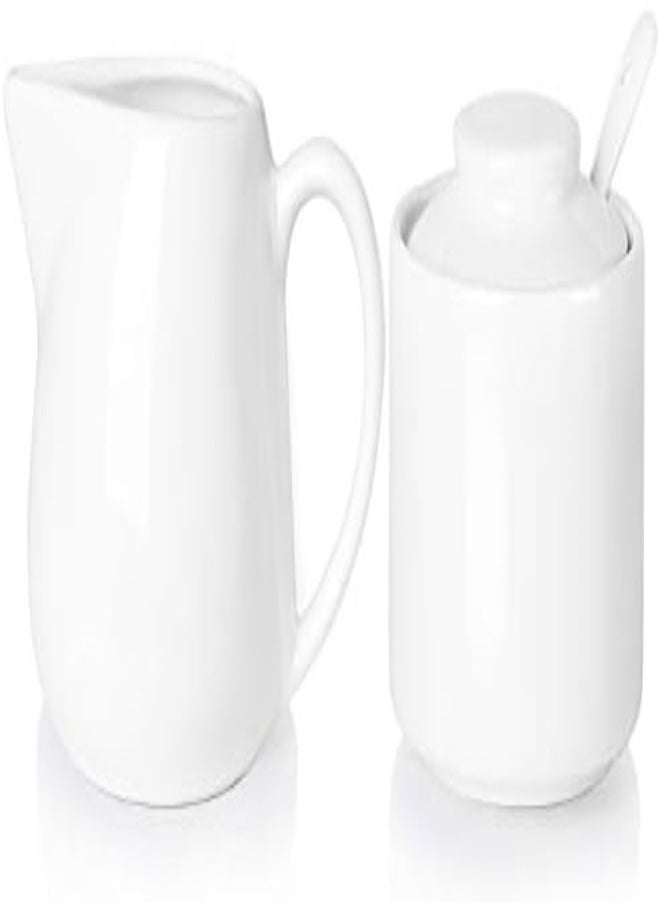 AKDC Ontube Porcelain Sugar And Creamer Set Of 3,Cream Pitcher, Spoon, Sugar Bowl With Lid,Cream (White)  - Image 3