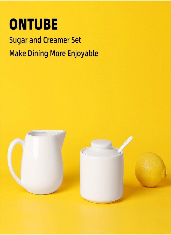 AKDC Ontube Porcelain Sugar And Creamer Set Of 3,Cream Pitcher, Spoon, Sugar Bowl With Lid,Cream (White)  - Image 4