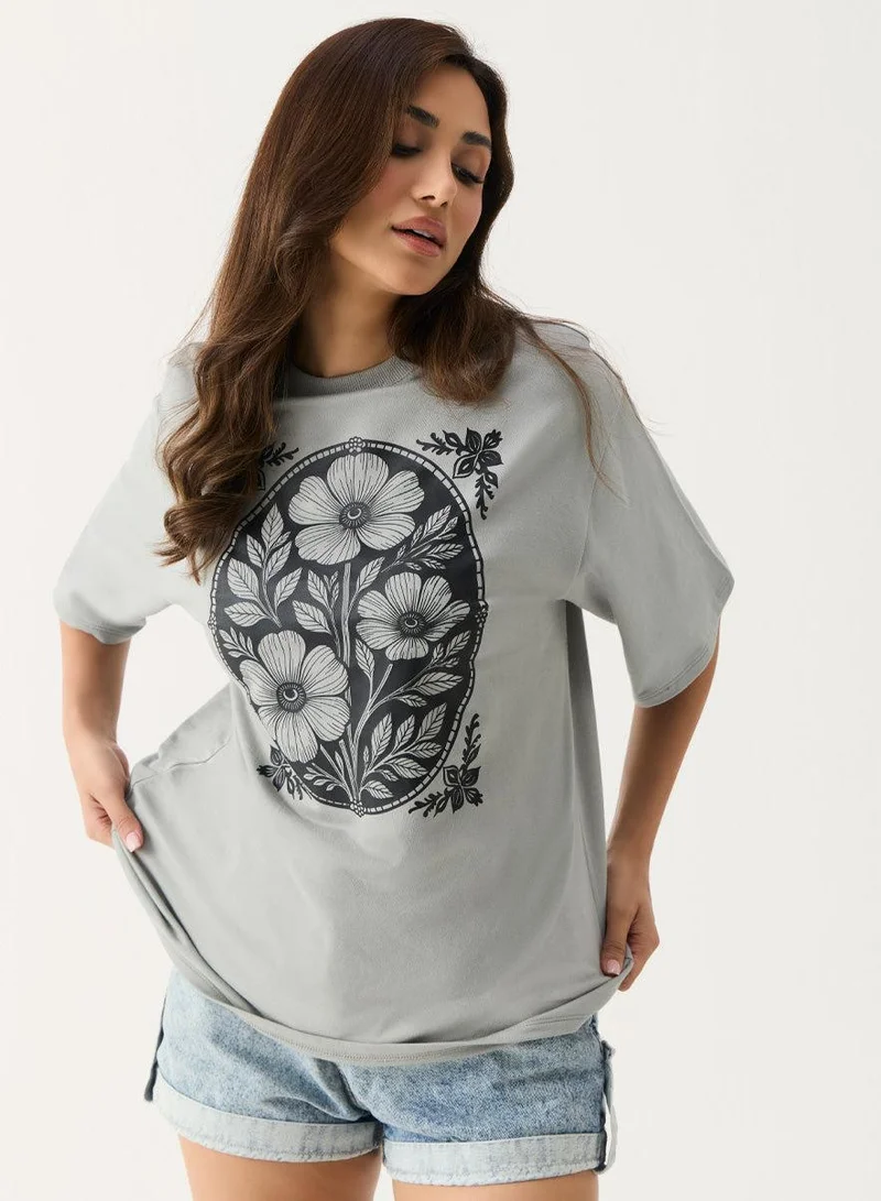 Zigzag Floral Printed Grey Color T-shirt
