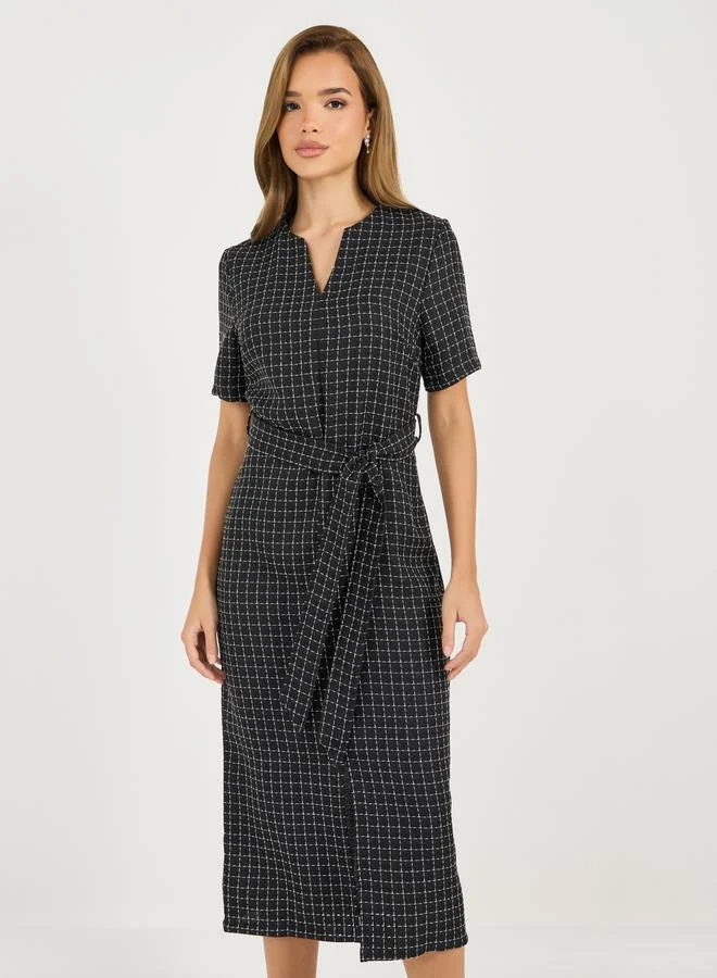 Styli Belted Plaid Midi Dress
