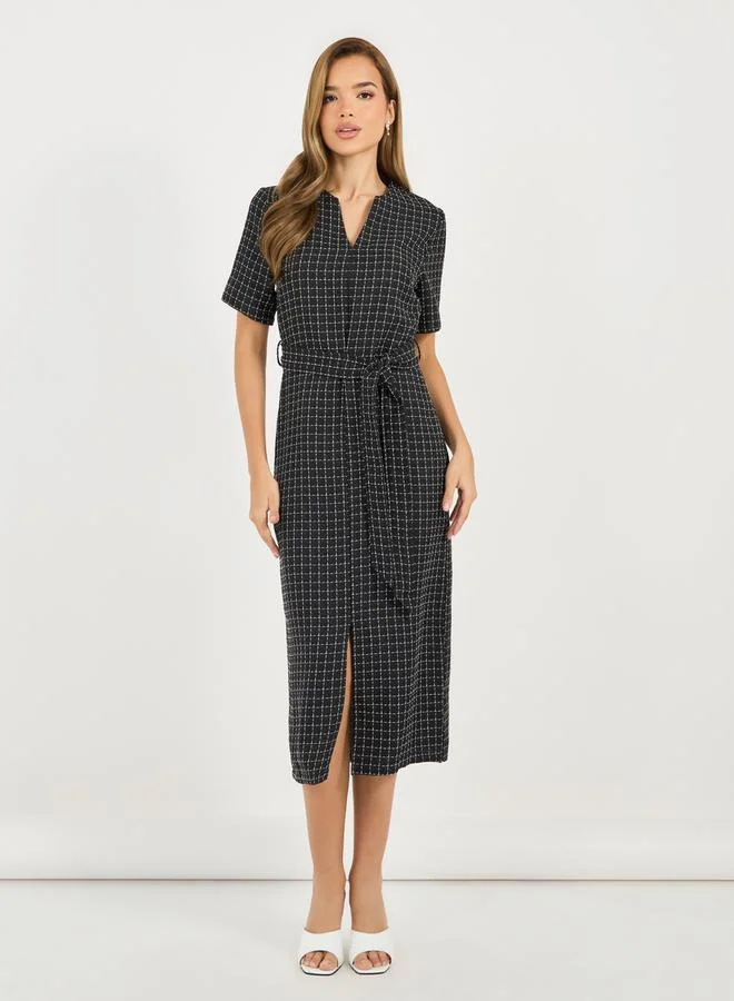 Styli Belted Plaid Midi Dress
