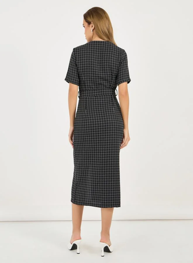 Styli Belted Plaid Midi Dress