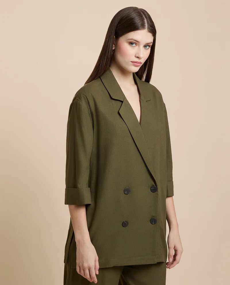 R&B Solid Double Breasted Blazer with Long Sleeves