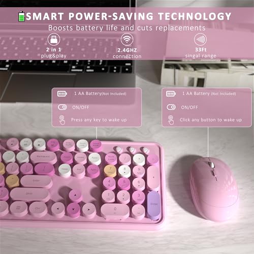 Links9+ Wireless Keyboard and Mouse, Full-Size Retro Typewriter Keyboard with Round Keycaps, 2.4GHz for Windows, Mac, Laptop, PC, Desktop (Pink Colorful) - Image 5