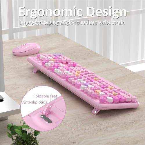 Links9+ Wireless Keyboard and Mouse, Full-Size Retro Typewriter Keyboard with Round Keycaps, 2.4GHz for Windows, Mac, Laptop, PC, Desktop (Pink Colorful) - Image 3