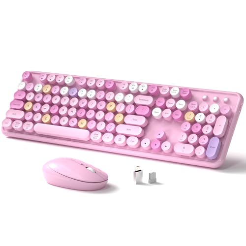 Links9+ Wireless Keyboard and Mouse, Full-Size Retro Typewriter Keyboard with Round Keycaps, 2.4GHz for Windows, Mac, Laptop, PC, Desktop (Pink Colorful) - Image 1