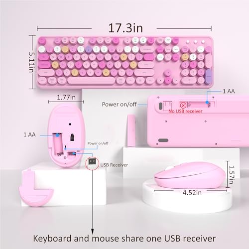 Links9+ Wireless Keyboard and Mouse, Full-Size Retro Typewriter Keyboard with Round Keycaps, 2.4GHz for Windows, Mac, Laptop, PC, Desktop (Pink Colorful) - Image 4