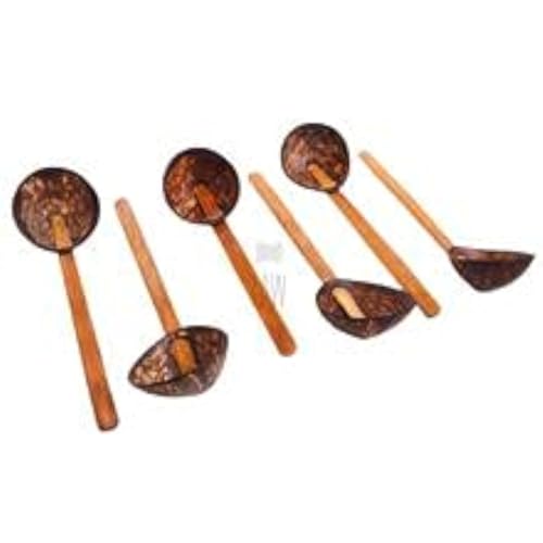 looms & weaves - Coconut Shell Ladles (Large) - Set of 6 Wooden Spoons (Made with Coconut Shell and Coconut Wood) - Image 1