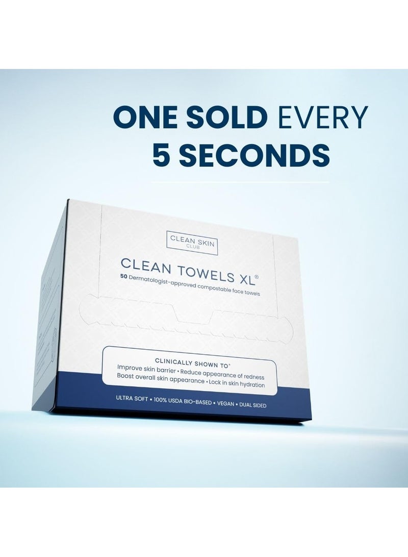 CLEAN SKIN CLUB CSC CT Clean Towels XL/World's First Biodegradable Face Towel/Disposable Makeup Removal Wipes/Super Soft 50 Count Single BoxWhite