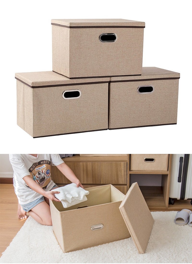 تابيت 3pcs كبيرة قابلة للطي تخزين الملابس مربع مع غطاء ، قماش الخيش سميكة خزانة التشطيب بطانية مريحة الملابس والفراش تخزين مربع ( الكاكي )  - Image 1