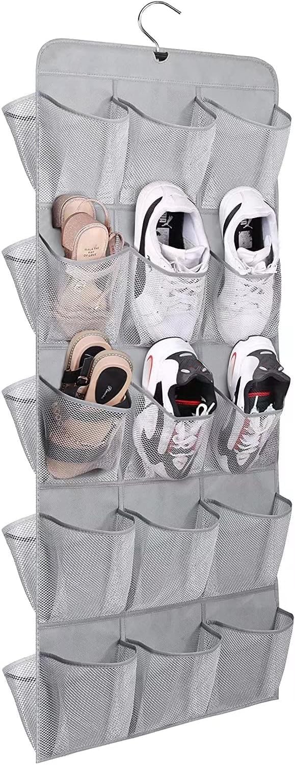 MISSLO 30 Large Pockets Hanging Shoe Rack Storage Organiser for Wardrobe Rail with Rotating Shoe Hanger Toddler Dual Sided Grey