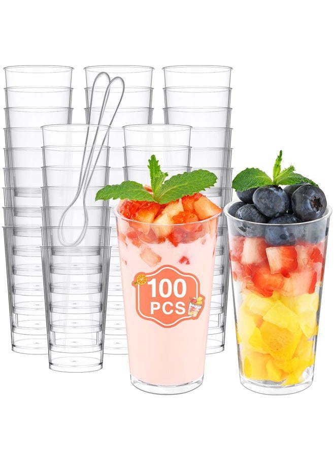 Eupako 3 oz Plastic Dessert Shooter Cups with Spoons - 100 Pack Mini Clear Round Appetizer Cup Shot Glasses, Small Dessert Cups for Jello Shots, Parfait, Puddings, Mousse, Parfait - Image 1