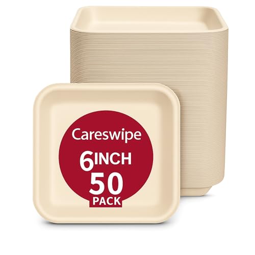 Careswipe Disposable Paper Plates 6 inch, 50 Count, Square, Beige | Eco-Friendly Sugarcane Plates for Wedding, Party, Cafes | Ideal for Both Hot & Cold Food - Image 1