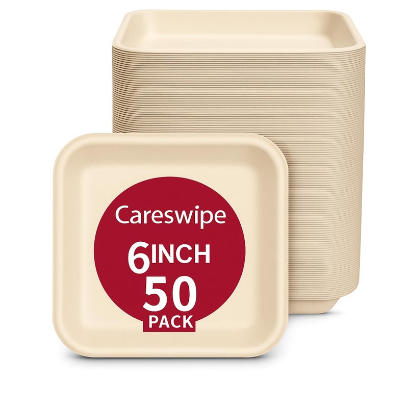Careswipe Disposable Paper Plates 6 inch, 50 Count, Square, Beige | Eco-Friendly Sugarcane Plates for Wedding, Party, Cafes | Ideal for Both Hot & Cold Food - Image 3