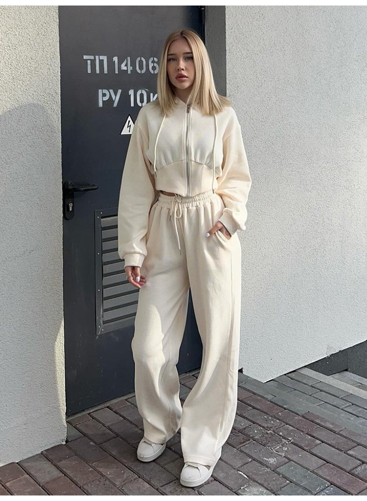 NIBEMINENT Autumn  Casual Women's Set Long Sleeve Zipper Hooded Sweatshirt Solid Color Drawstring Pants Two-Piece - Image 1