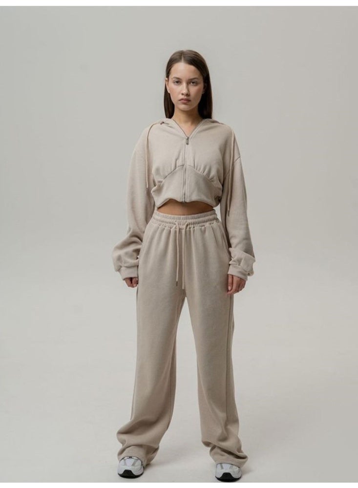 NIBEMINENT Autumn  Casual Women's Set Long Sleeve Zipper Hooded Sweatshirt Solid Color Drawstring Pants Two-Piece - Image 2