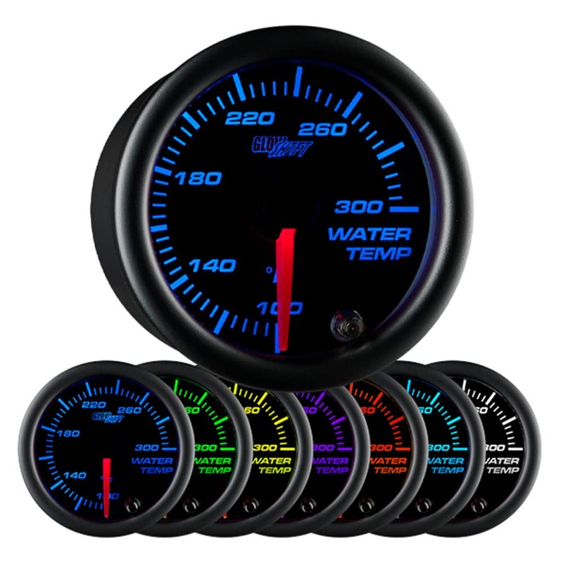 GlowShift Black 7 Color 300F Water Coolant Temperature Gauge Kit Includes 1827 NPT Electronic Sensor Wiring MultiColor Display Black Dial Clear Lens for Car Truck 2116 52mm