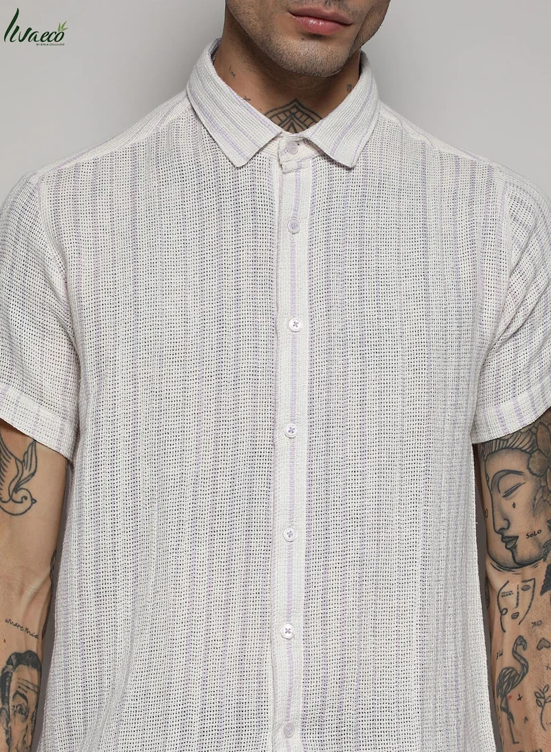Campus Sutra Men's White & Lavender Unbalanced Striped Woven Shirt