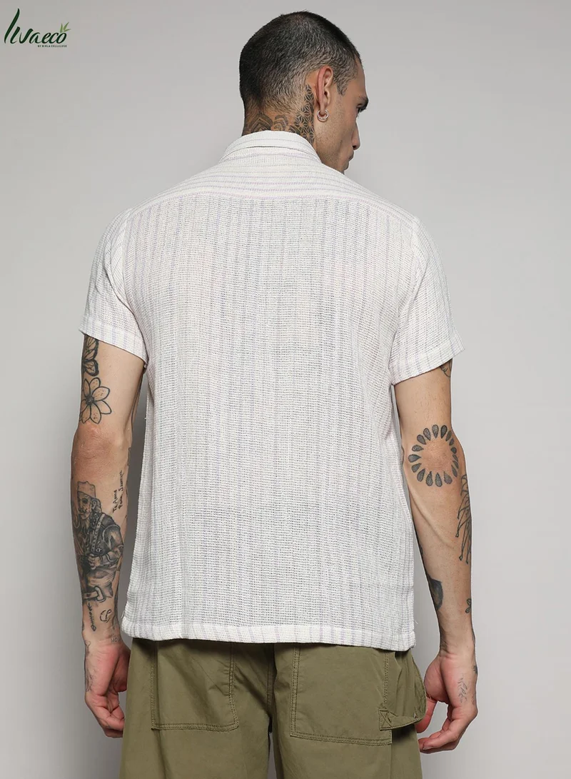 Campus Sutra Men's White & Lavender Unbalanced Striped Woven Shirt