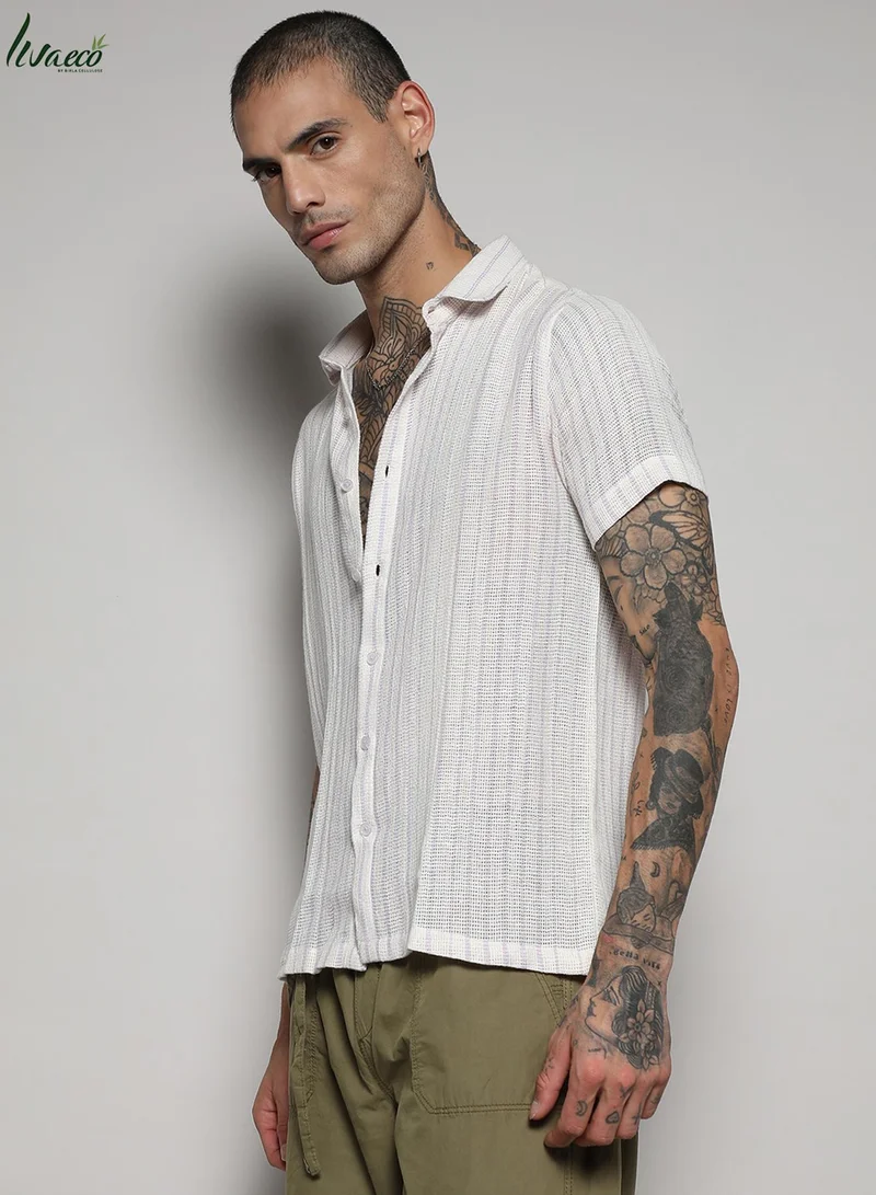 Campus Sutra Men's White & Lavender Unbalanced Striped Woven Shirt