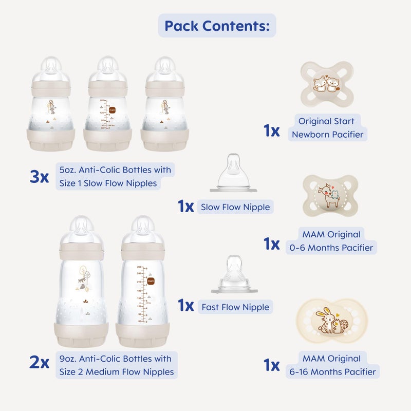 MAM مجموعة تغذية مات غير لامعة أساسية للمواليد الجدد من مام مع زجاجات مضادة للمغص سهلة الاستخدام سعة 5 أونصات، مصنوعة ذاتيًا، مصاصات للأطفال من 0-3 أشهر وحلمات سيليكون ناعمة، هدية للطفل، 10 قطع - Image 2