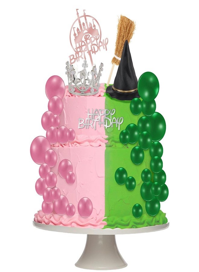 Atiloy 44PCS Witch Cake Topper Pink and Green Ball Cake Topper Witch Hat and Crown Cakes Topper for Girls Women Princess Birthday Party Supplies Halloween Cakes Decoration - Image 1