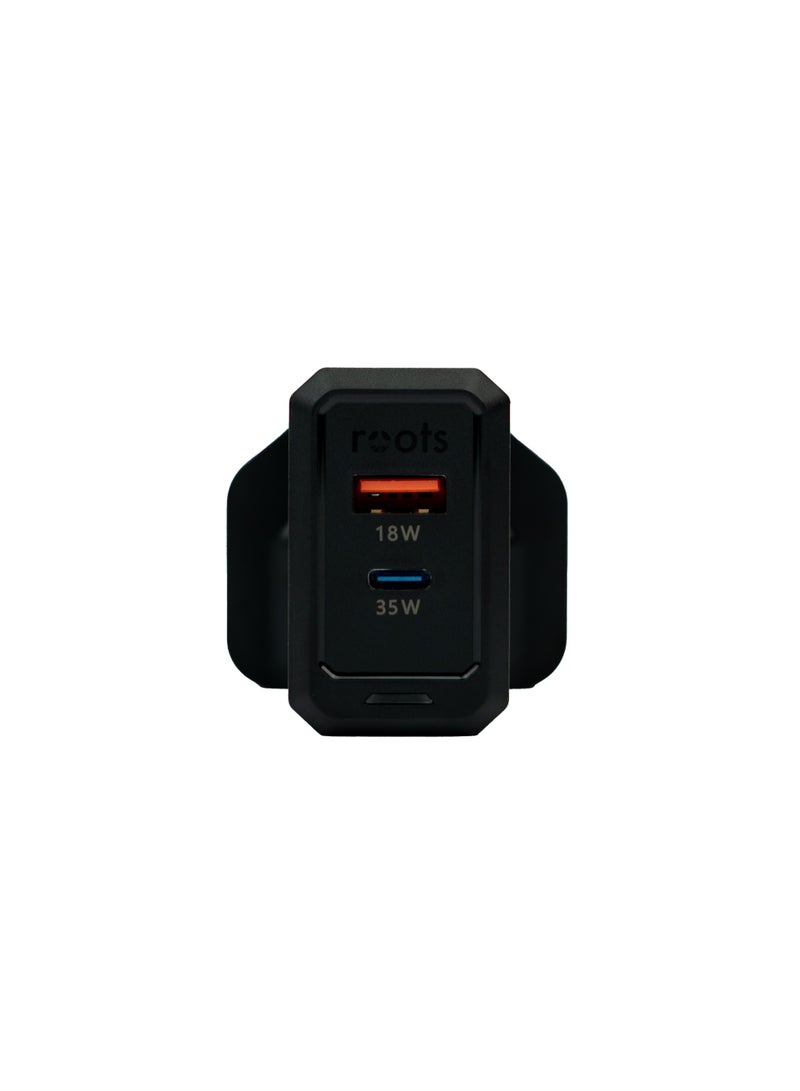 Roots Innovations 35W GaN Fast Charger with 1 USB-A & 1 USB-C Port, Matte Black - Image 3