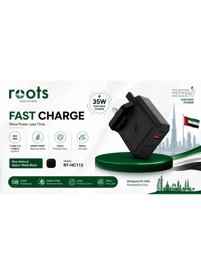 Roots Innovations 35W GaN Fast Charger with 1 USB-A & 1 USB-C Port, Matte Black - Image 5