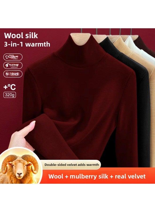 Silk Velvet Heating Thermal Underwear Women's Inner Top Fleece-lined Thickened High Collar Autumn Wool Base Shirt Winter