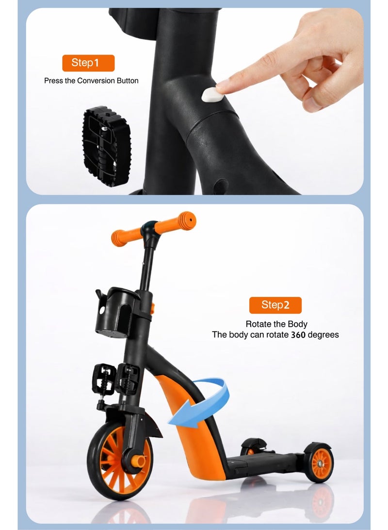 3-in-1 Convertible Kids Bike & Scooter – Balance Bike, Kick Scooter, and Pedal Bike with Adjustable Handlebar Height – Orange & Black - Image 5