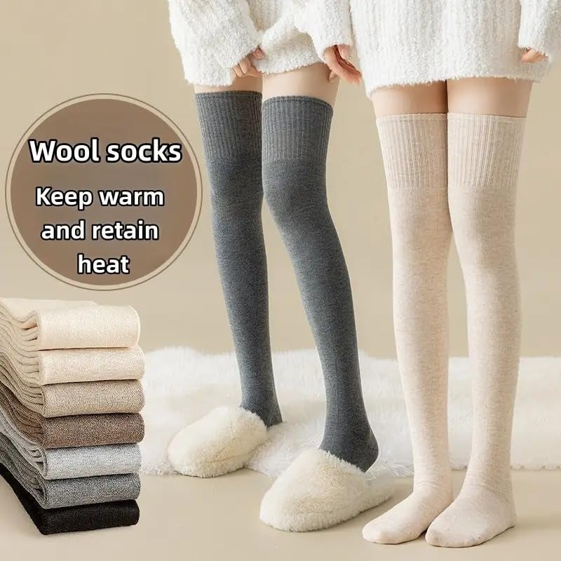 Winkelen Wool Warm Thigh High Socks | Knitted Thick Thermal Woolen Socks for Women Winter Wear Knee High Length Leg Warmer Stretchy Cotton Blend Long Socks Boot Cuffs Knee Cap | Stocking Girls (Beige) - Image 5