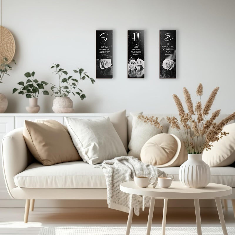 DONFENTHY 3 Pcs Black And White Bedroom Decor White Rose Wooden Wall Decor Black Grey Bathroom Decor Inspirational Farmhouse Office Sign With SHE Bible Words For Women Girl Home Decor(White 12x4Inch) - Image 2