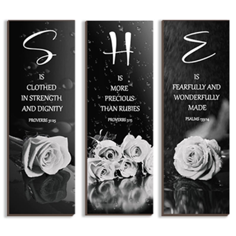 DONFENTHY 3 Pcs Black And White Bedroom Decor White Rose Wooden Wall Decor Black Grey Bathroom Decor Inspirational Farmhouse Office Sign With SHE Bible Words For Women Girl Home Decor(White 12x4Inch) - Image 1