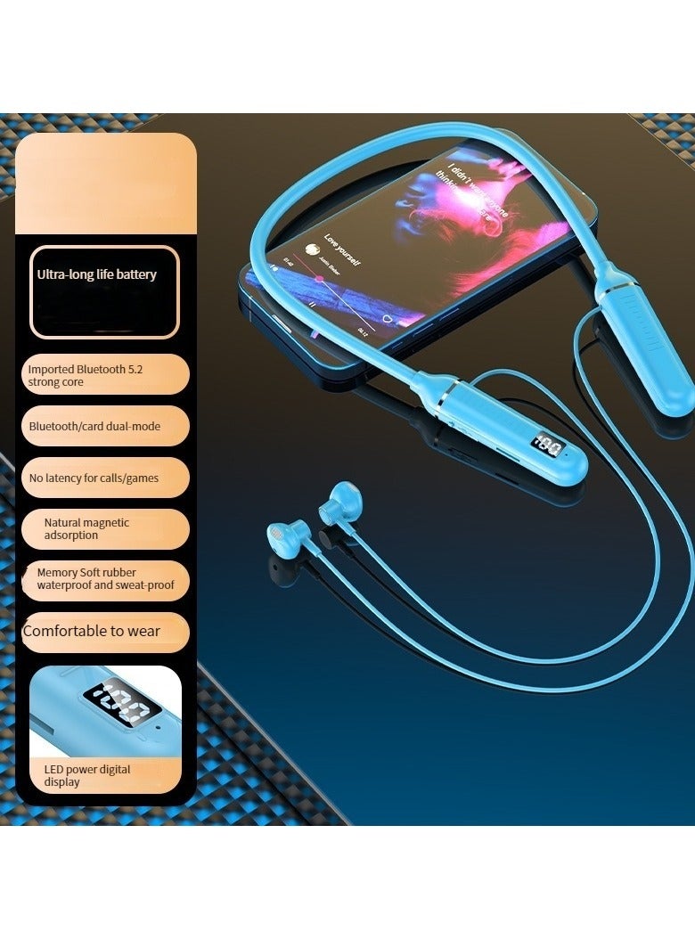 Digital display neck-worn wireless bluetooth headset multi-functional large capacity semi-in-ear sports stereo hanging neck headset (blue) - Image 1
