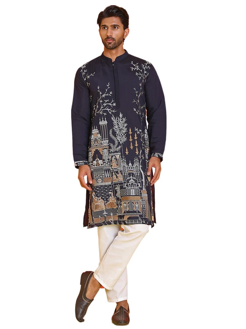 Jompers Navy Blue Embroidered Straight Kurta Set for Men - Image 1