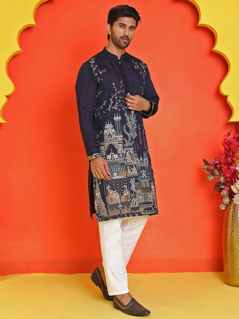 Jompers Navy Blue Embroidered Straight Kurta Set for Men - Image 4