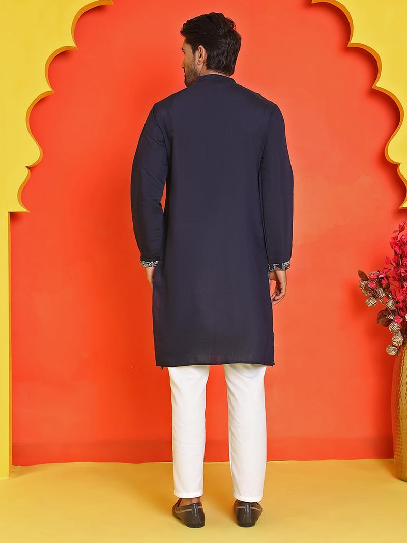 Jompers Navy Blue Embroidered Straight Kurta Set for Men - Image 3