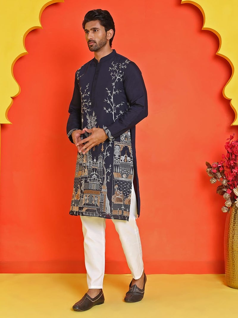 Jompers Navy Blue Embroidered Straight Kurta Set for Men - Image 2