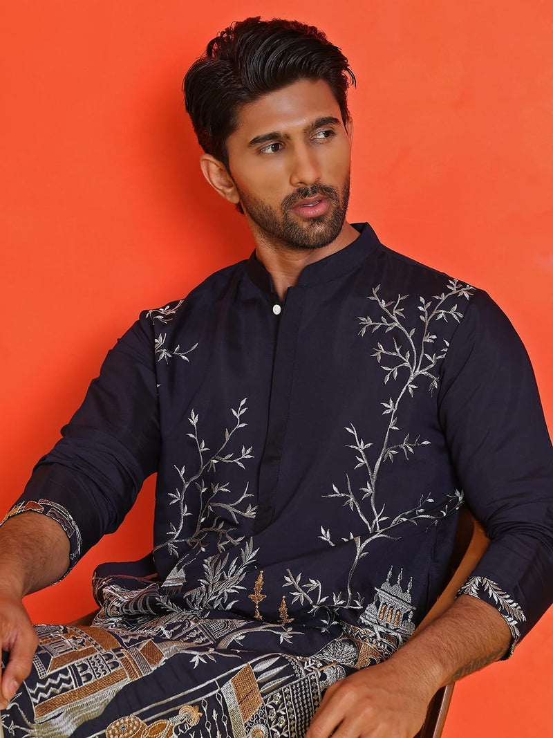 Jompers Navy Blue Embroidered Straight Kurta Set for Men - Image 5
