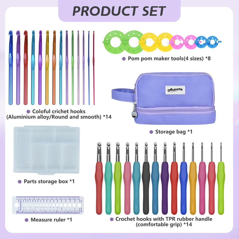 Artcome 124 pcs Crochet Kit for Adults and Kids, 14 Sizes Ergonomic Crochet Hooks with a Comfortable Grip for Beginners and Experienced Crocheters, Ideal for Creating Beautiful Projects - Image 2
