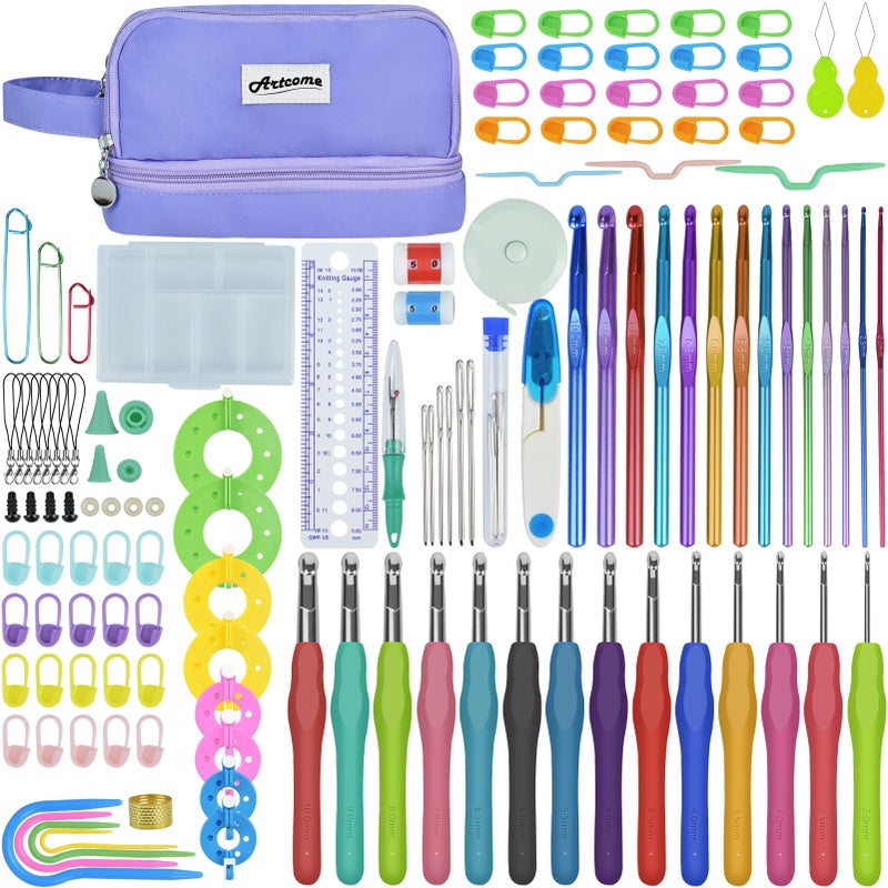 Artcome 124 pcs Crochet Kit for Adults and Kids, 14 Sizes Ergonomic Crochet Hooks with a Comfortable Grip for Beginners and Experienced Crocheters, Ideal for Creating Beautiful Projects - Image 1